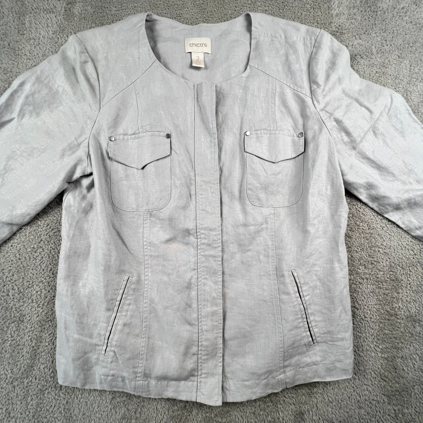 100% Linen Summer Jacket Womens 2 Large Gray Utility Quite Luxury Minimalist