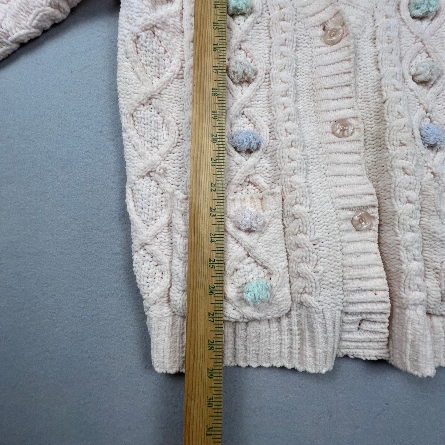 POL Cardigan Sweater Women Medium Cream Chenille Cable Knit Pom Pom Coquette