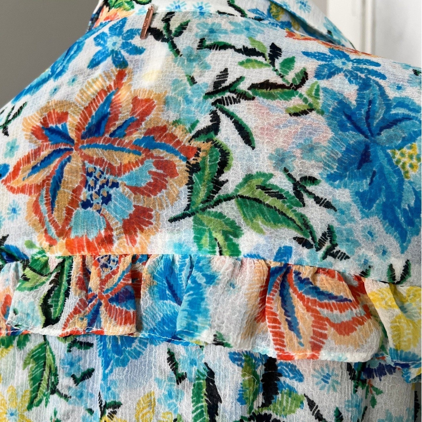 MISA Los Angeles Maxi Dress Womens S Blue Orange Floral Tiered Smocked Boho Luxe