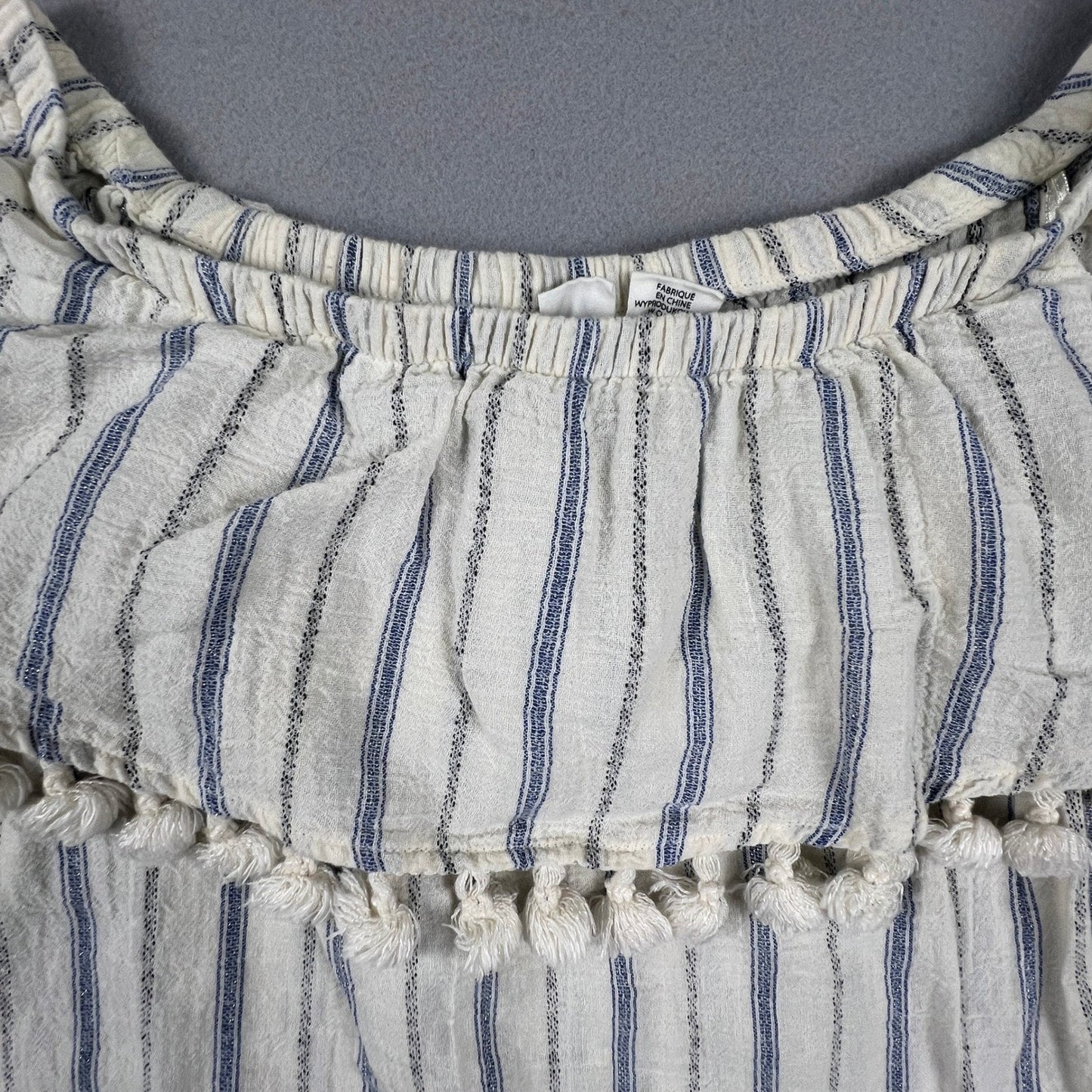 Artisan NY Off Shoulder Top Womens Small White Blue Striped Pom Pom Boho Blouse
