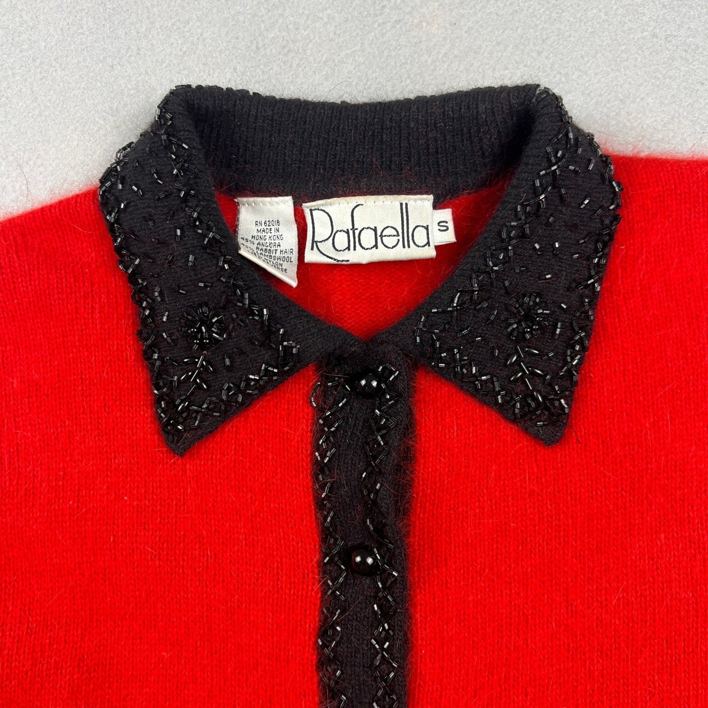 VTG Rafaella Cardigan Sweater Womens Small Red Angora Lambswool Beaded Holiday