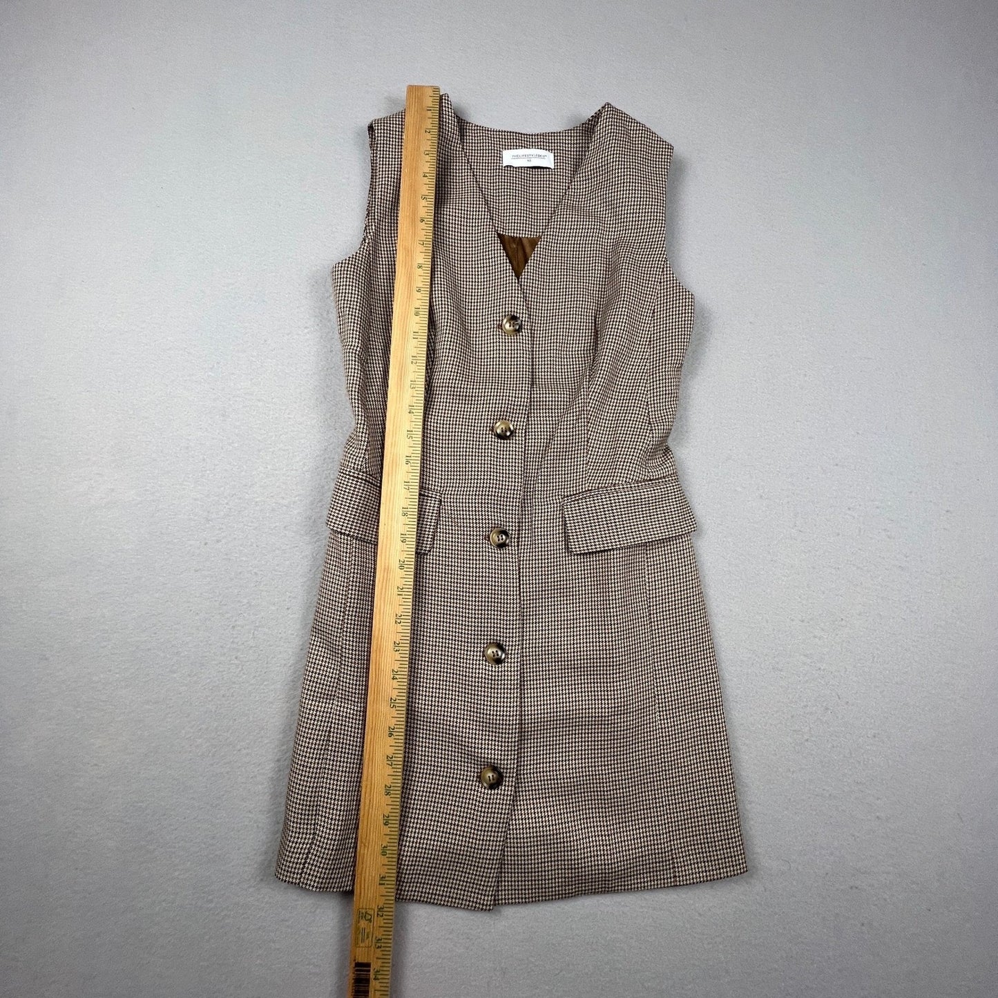 Houndstooth Vest Mini Dress XS Brown Button Front Dark Academia THELIFESTYLEDCO