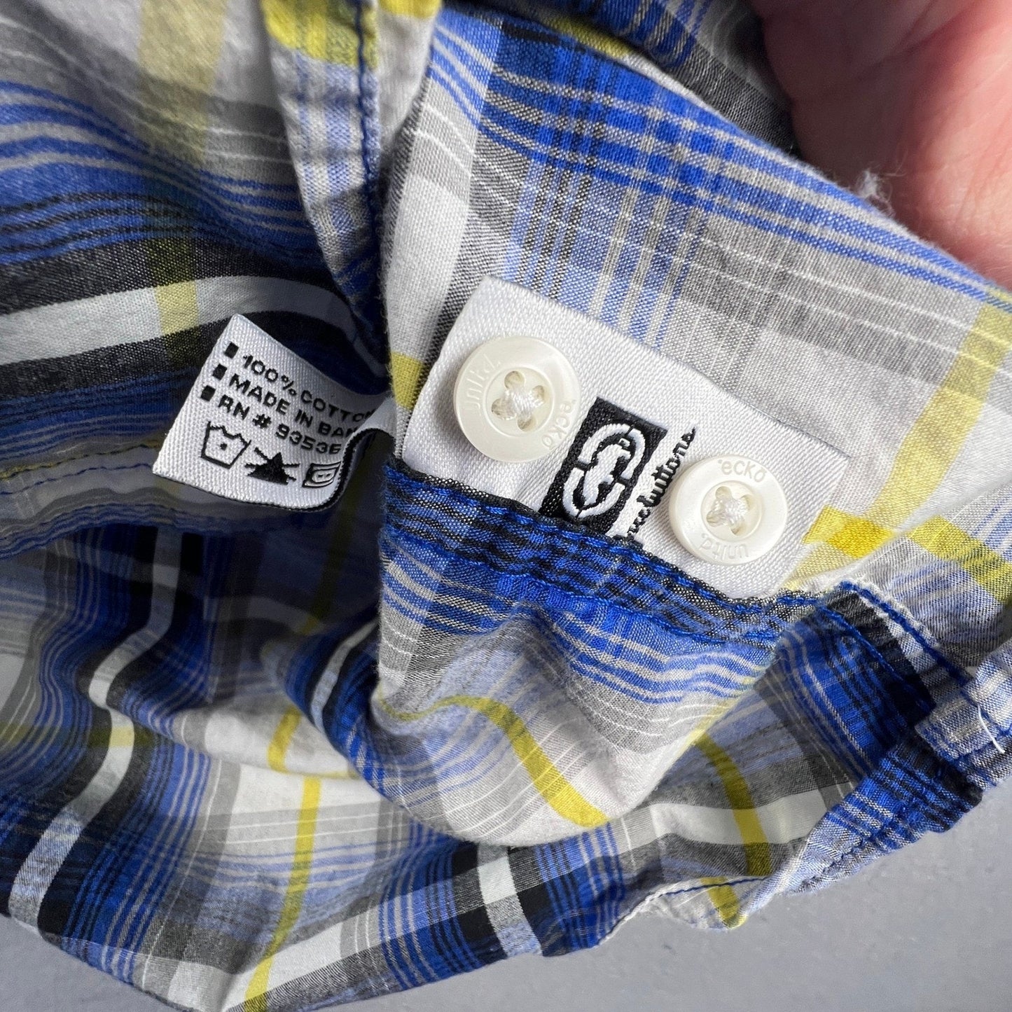 Ecko Unltd Button Down Shirt Mens XXL Blue Yellow Plaid Short Sleeve Urban Y2K