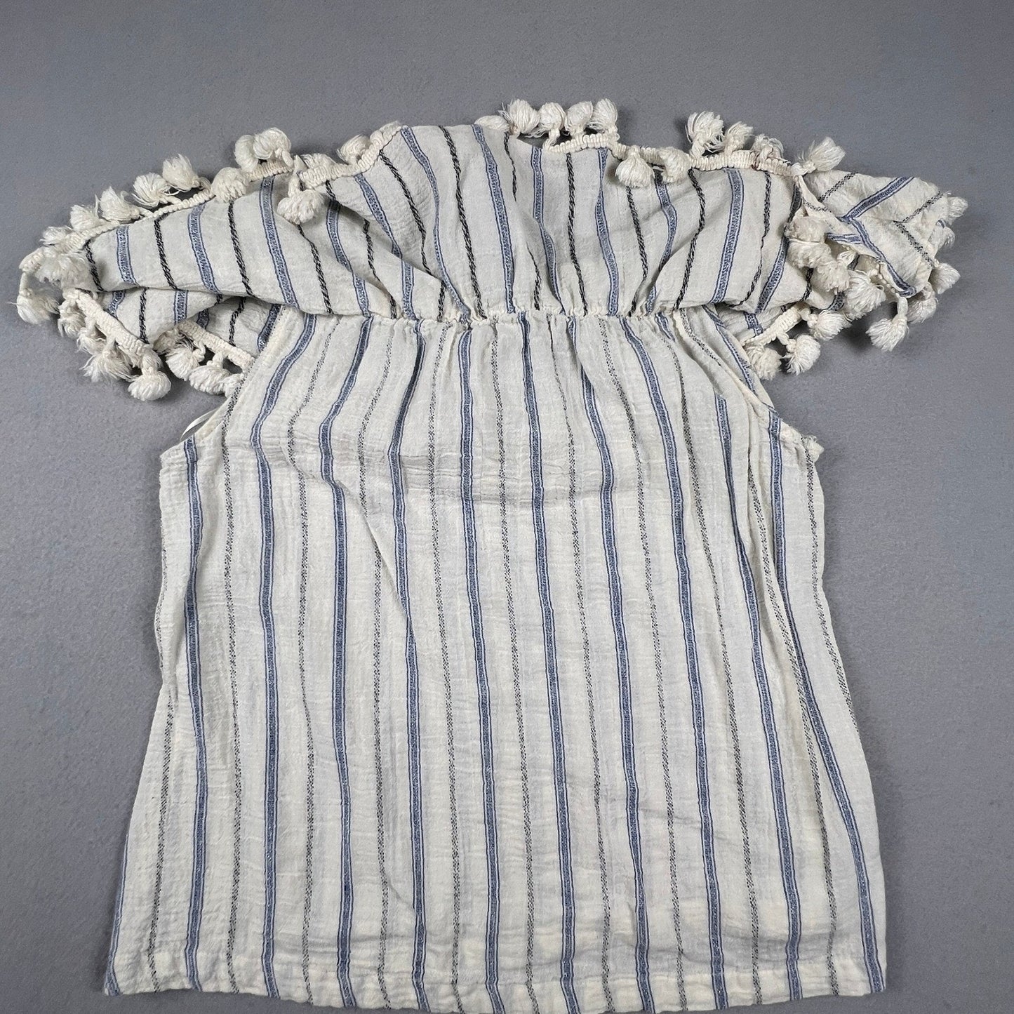 Artisan NY Off Shoulder Top Womens Small White Blue Striped Pom Pom Boho Blouse
