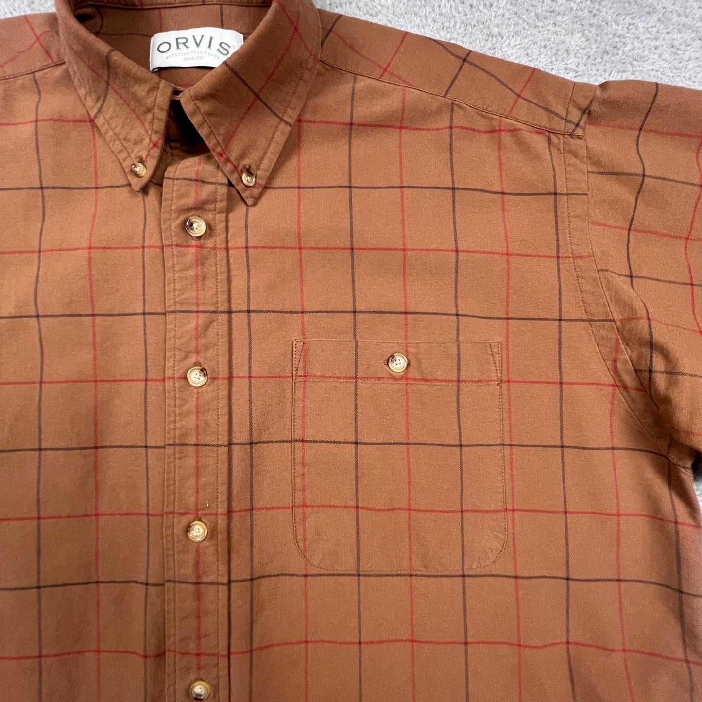 Orvis Button Down Shirt Mens L Brown Windowpane Plaid Cotton Outdoor Casual VTG