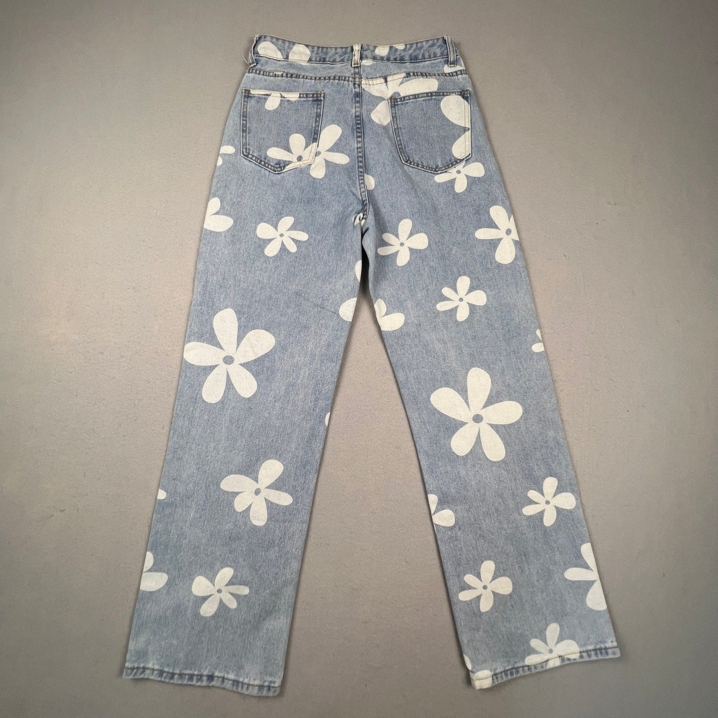 Straight Leg Retro Boho Daisy Print Jeans Womens 27 Light Blue Floral