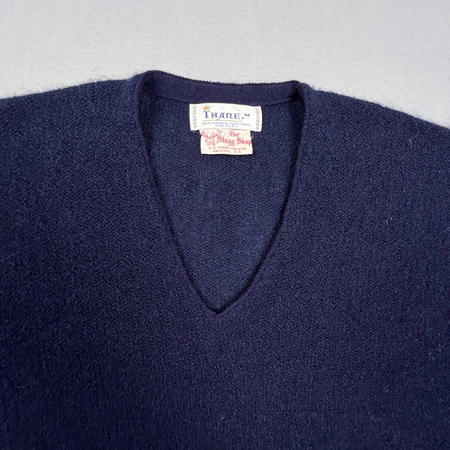 Thane Mohair Wool Sweater Mens Medium Blue V-Neck Vintage 60s Fuzzy Ivy League