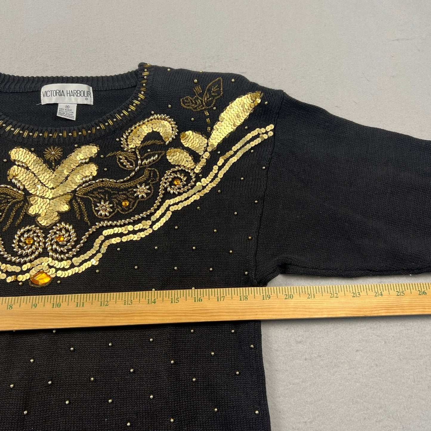 VTG 90s Victoria Harbour Sweater Women M Black Gold Sequin Beaded Party Glam