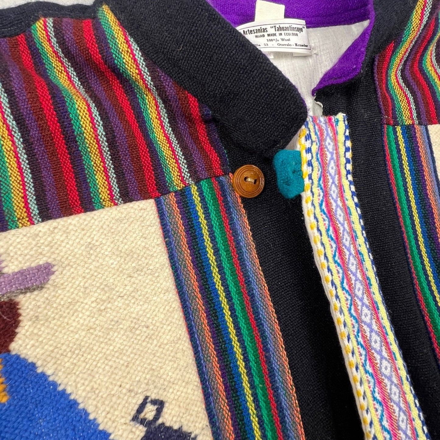 Artesanias Tahuantinsuyo Wool Jacket Mens XL Black Folk Art Otavalo Ecuador Boho