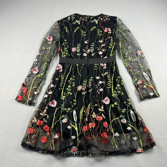 Floral Embroidered Mesh Dress Cotagecore Small Black Sheer Mini Party Wedding