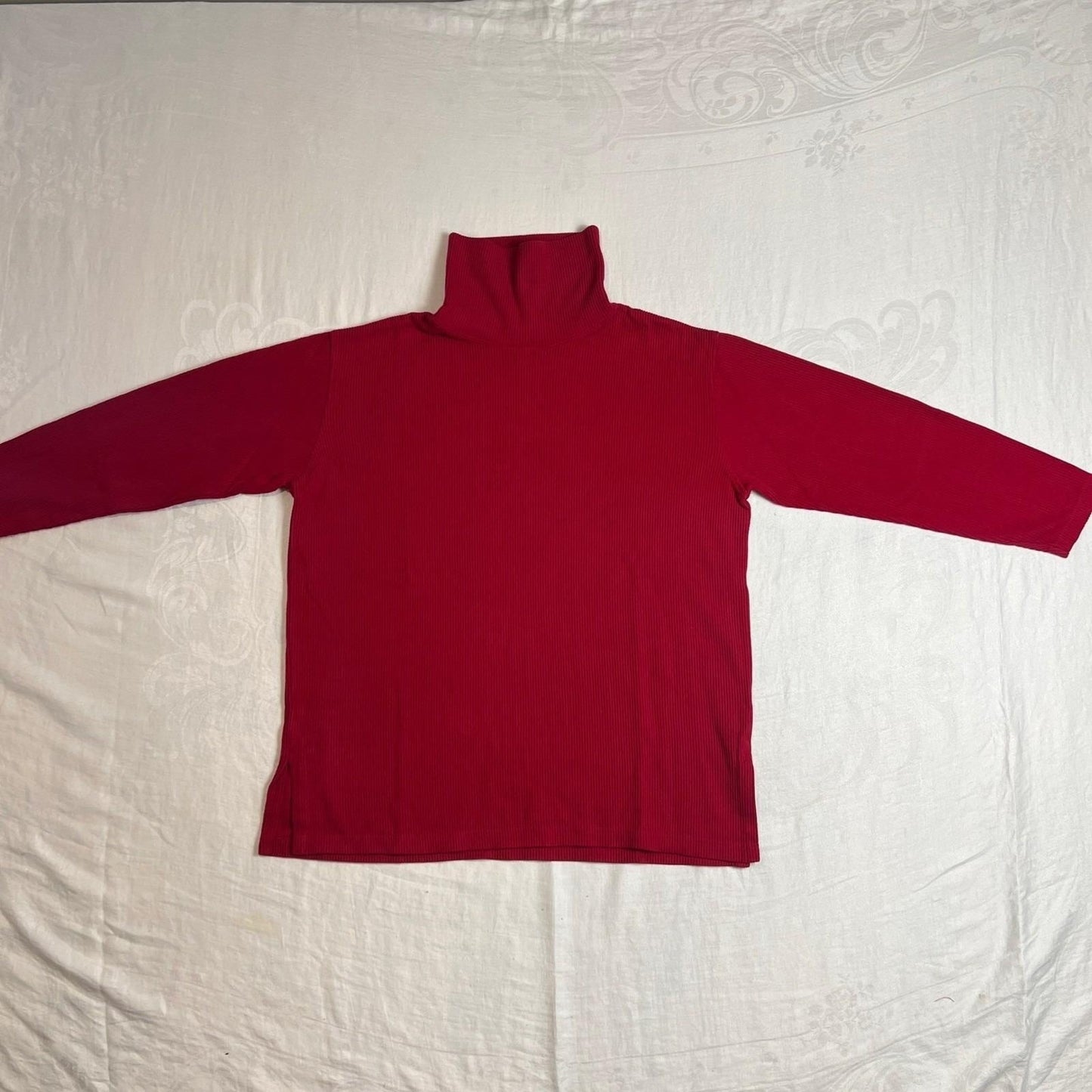 100% Cotton Turtleneck Sweater Large Red Ribbed Long Sleeve Jones New York