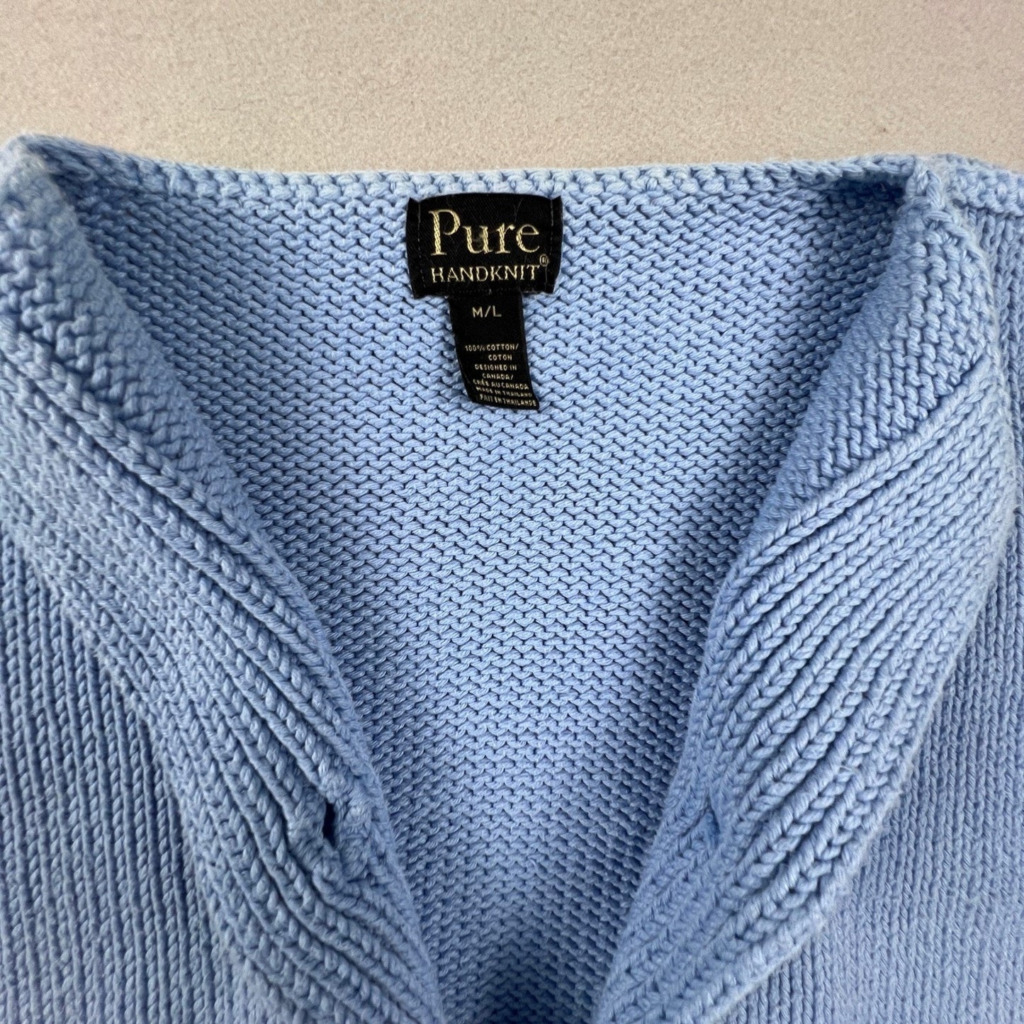 Pure Handknit Cardigan Sweater M/L Blue Cotton Button Up Coastal Grandmacore
