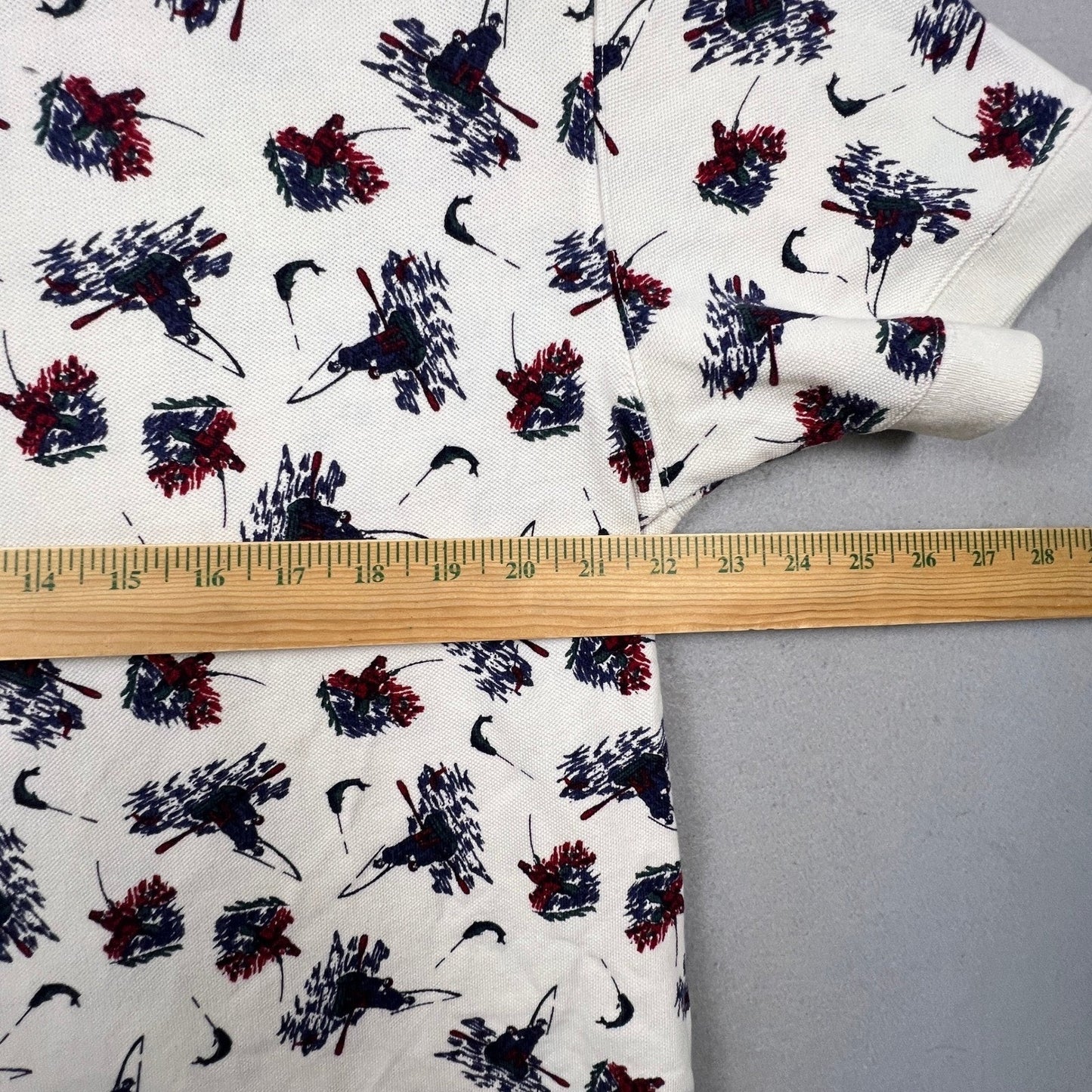 Woolrich Polo Shirt Mens Large Ivory Fishing Print Cotton Short Sleeve Outdoor
