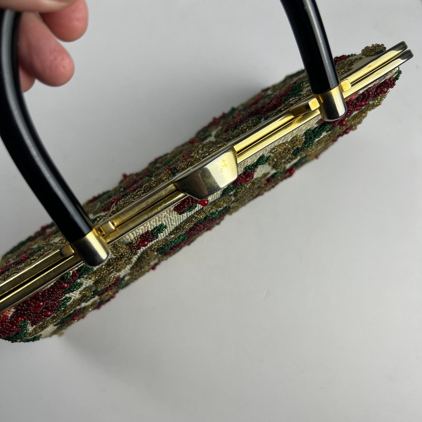 Vintage 1950s Beaded Tapestry Handbag Floral Lucite Handle MCM Evening Purse