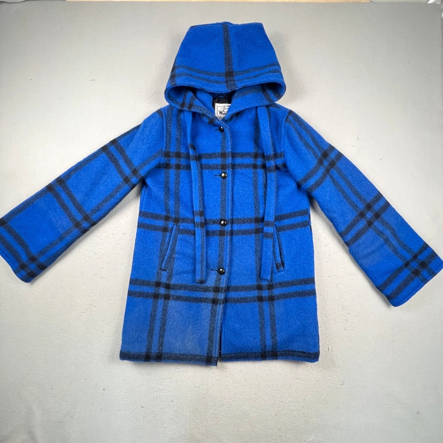 Woolrich Plaid Hooded Coat Womens Medium Blue Wool Blend Vintage Button Front