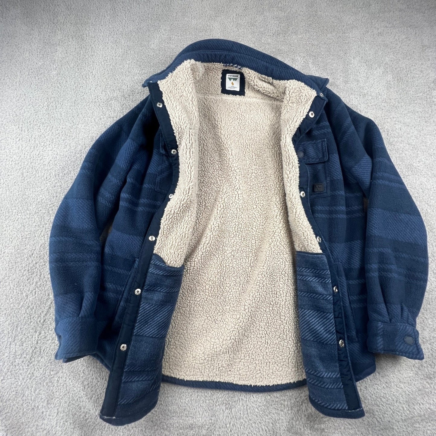 Voyager Mens Blue Striped Sherpa Lined Fleece Shirt Jacket Shacket Medium