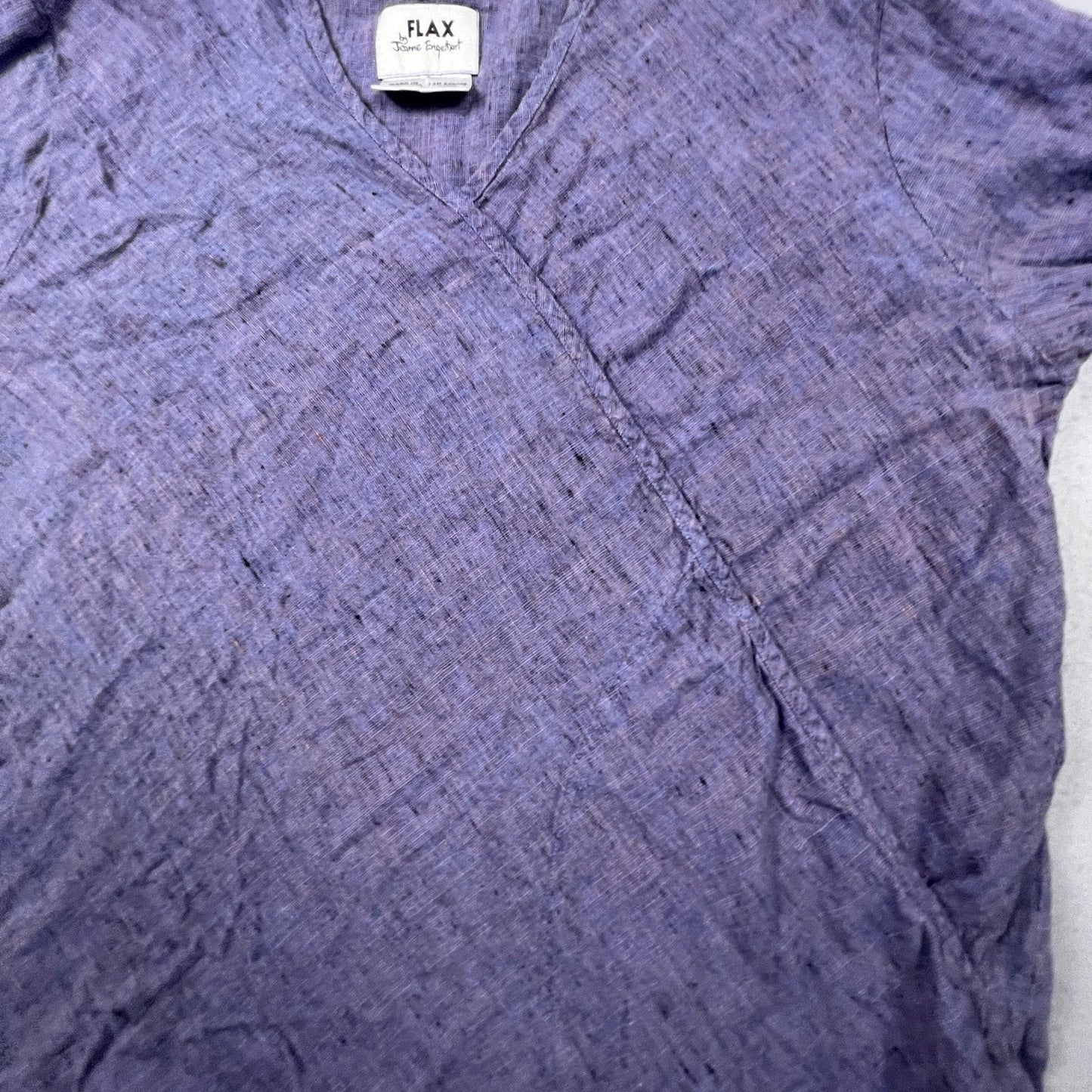 FLAX Linen Tunic Top Womens Large Purple Faux Wrap V-Neck Lagenlook Coastal Boho