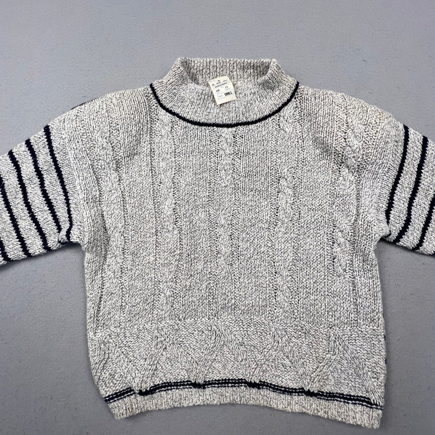 T.Q. Vintage Mock Neck Sweater Womens Small Grey Navy Striped Cable Knit Cotton