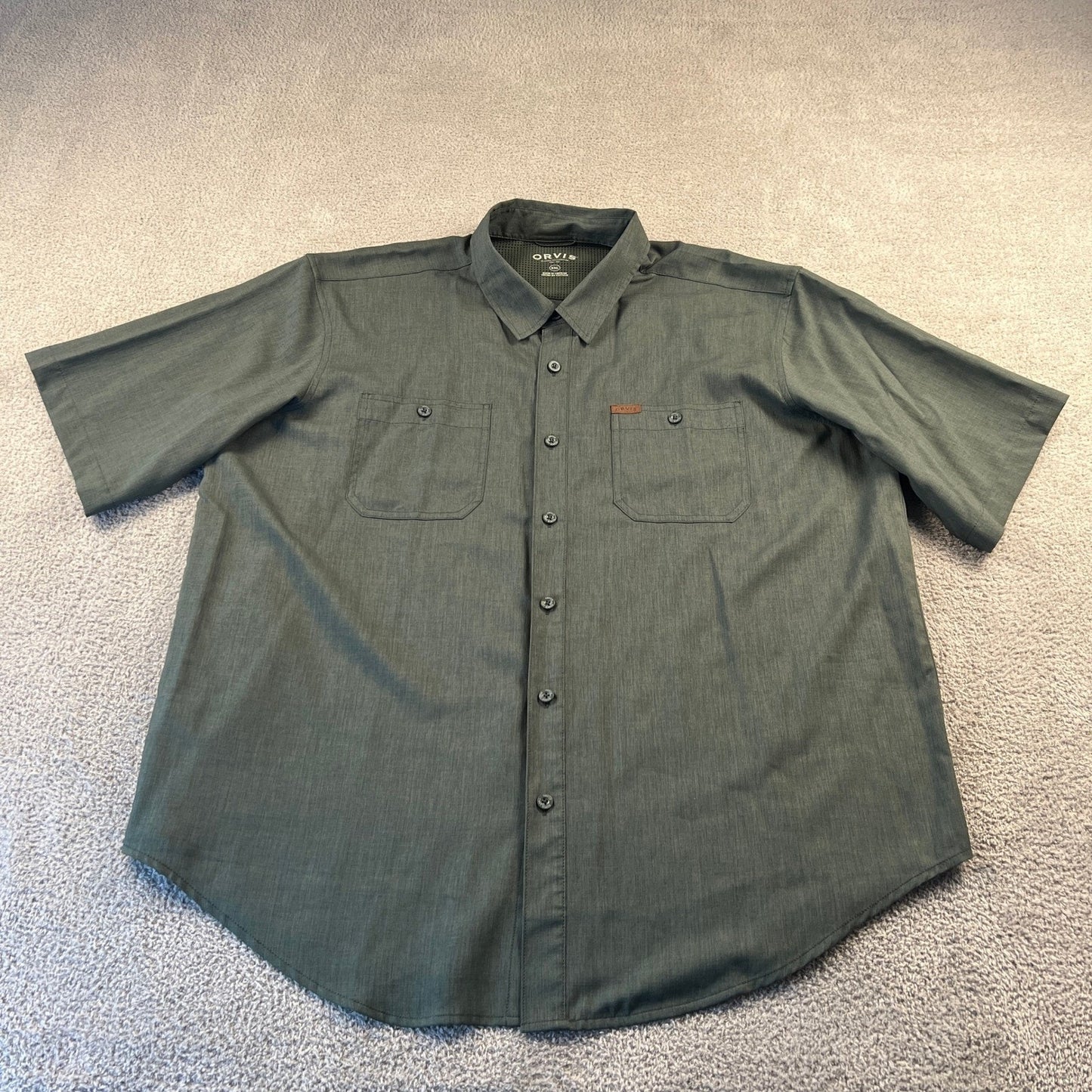 Orvis Button Down Shirt Mens XXL Green Short Sleeve Hiking Outdoor Utility