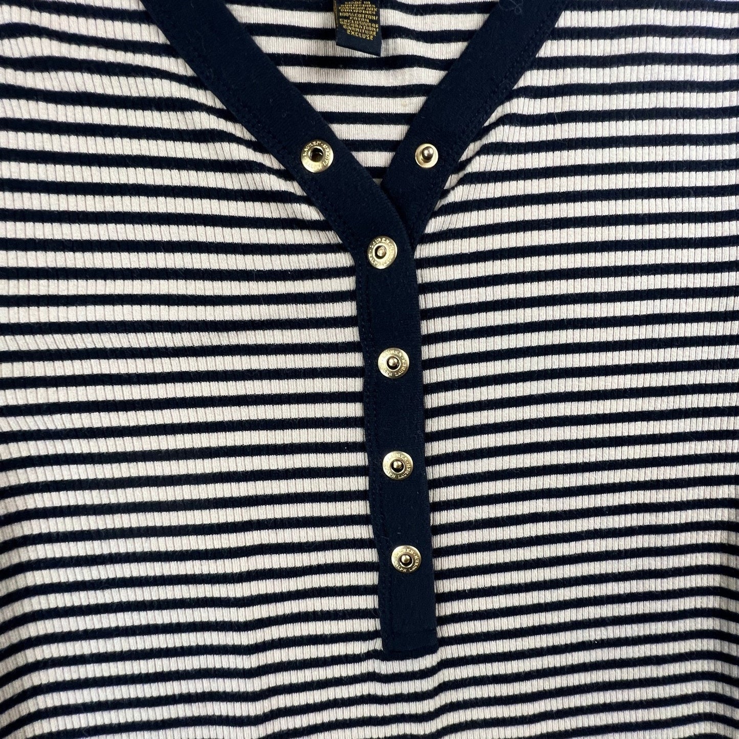 Lauren Ralph Lauren Henley Top Womens Medium Tan Navy Striped Ribbed Knit Preppy