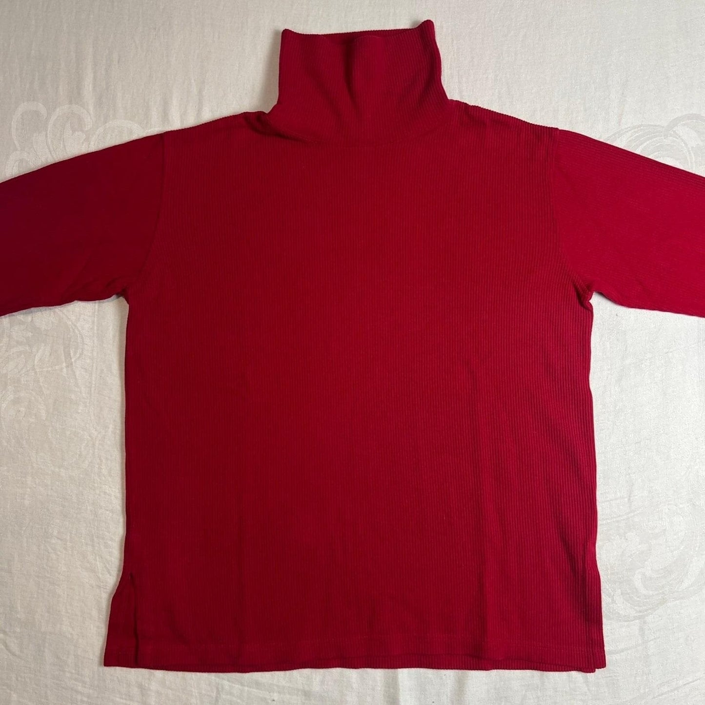 100% Cotton Turtleneck Sweater Large Red Ribbed Long Sleeve Jones New York