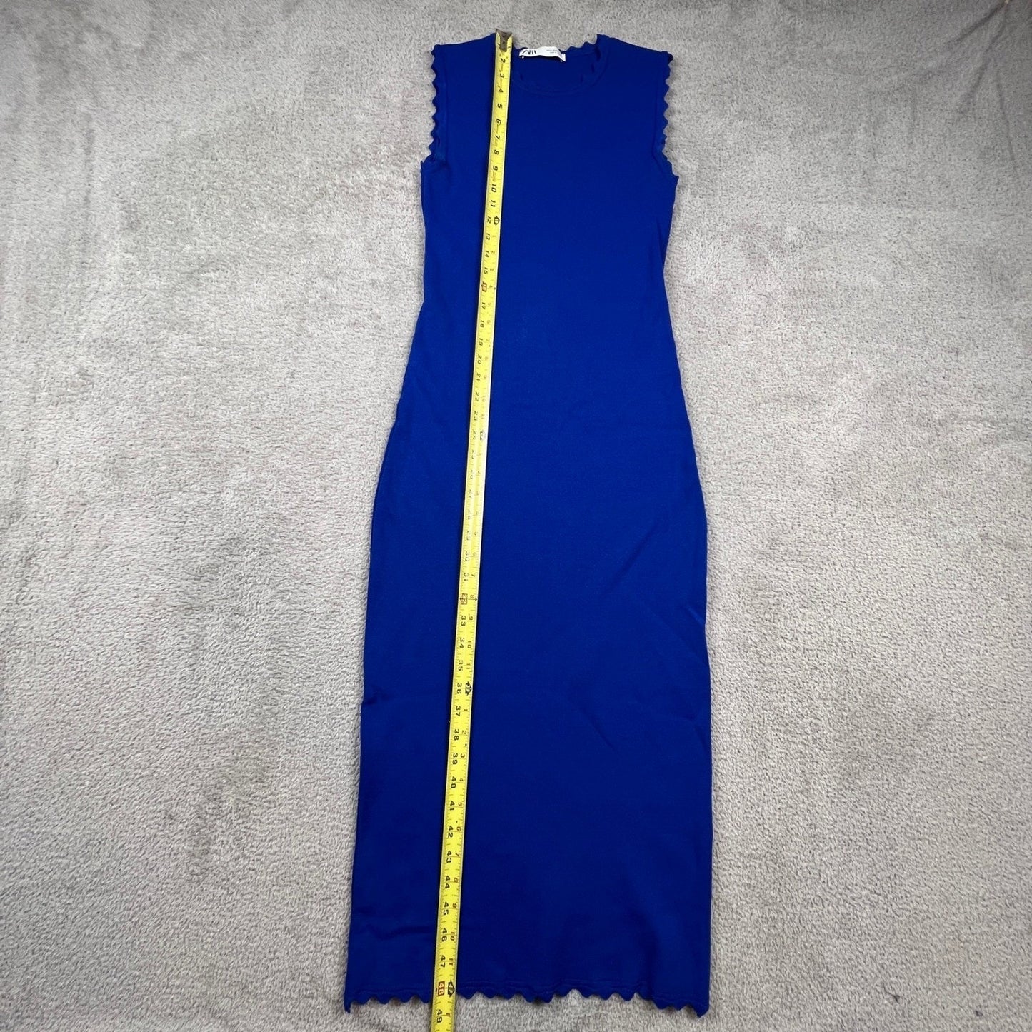 Zara Knit Midi Dress Womens Medium Blue Scalloped Trim Bodycon Sleeveless Chic