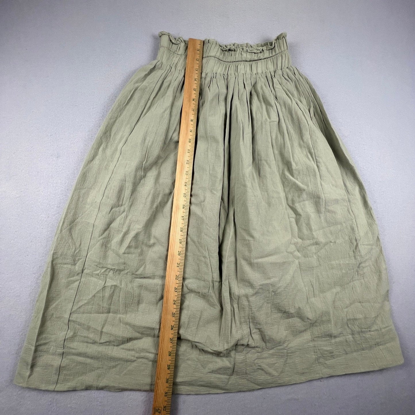 100% Cotton Midi Skirt Womens Small Green Cotton Smocked Paperbag Waist Boho