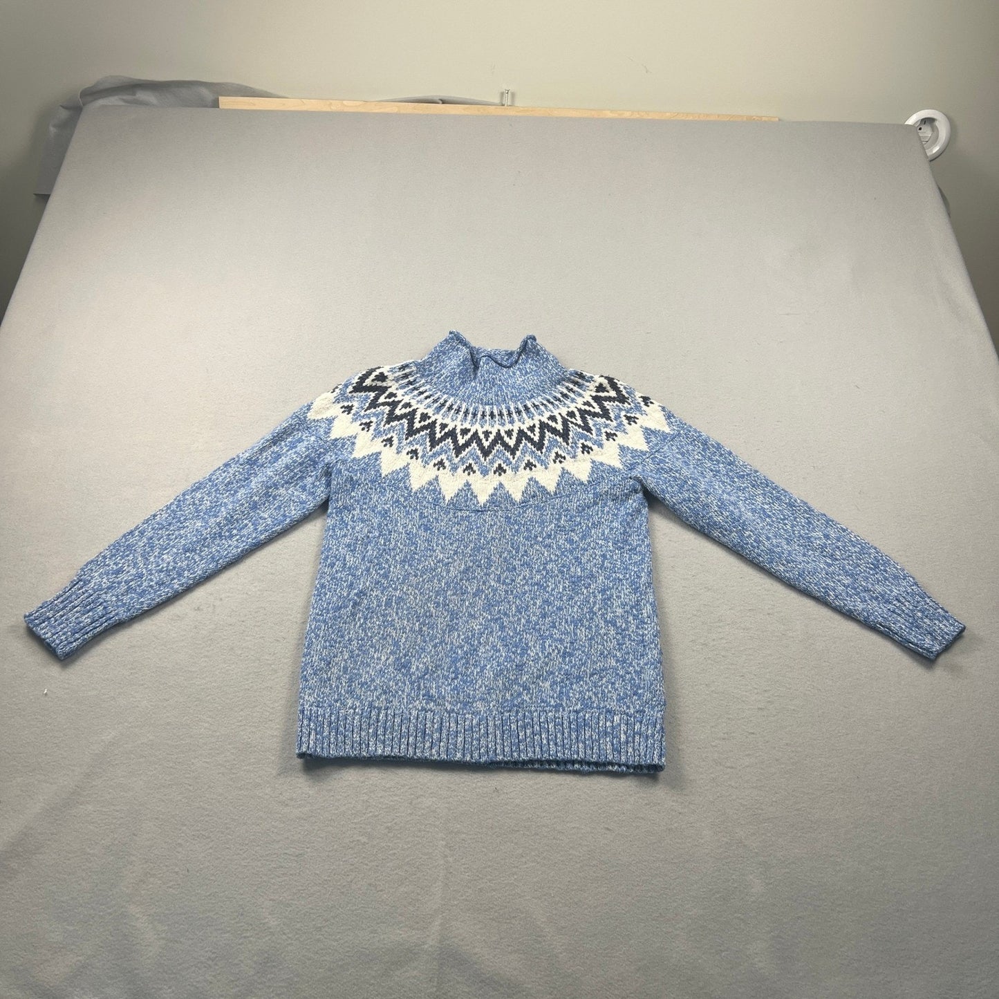 L.L.Bean Fair Isle Sweater Womens Medium Blue Cotton Mock Neck Pullover Winter