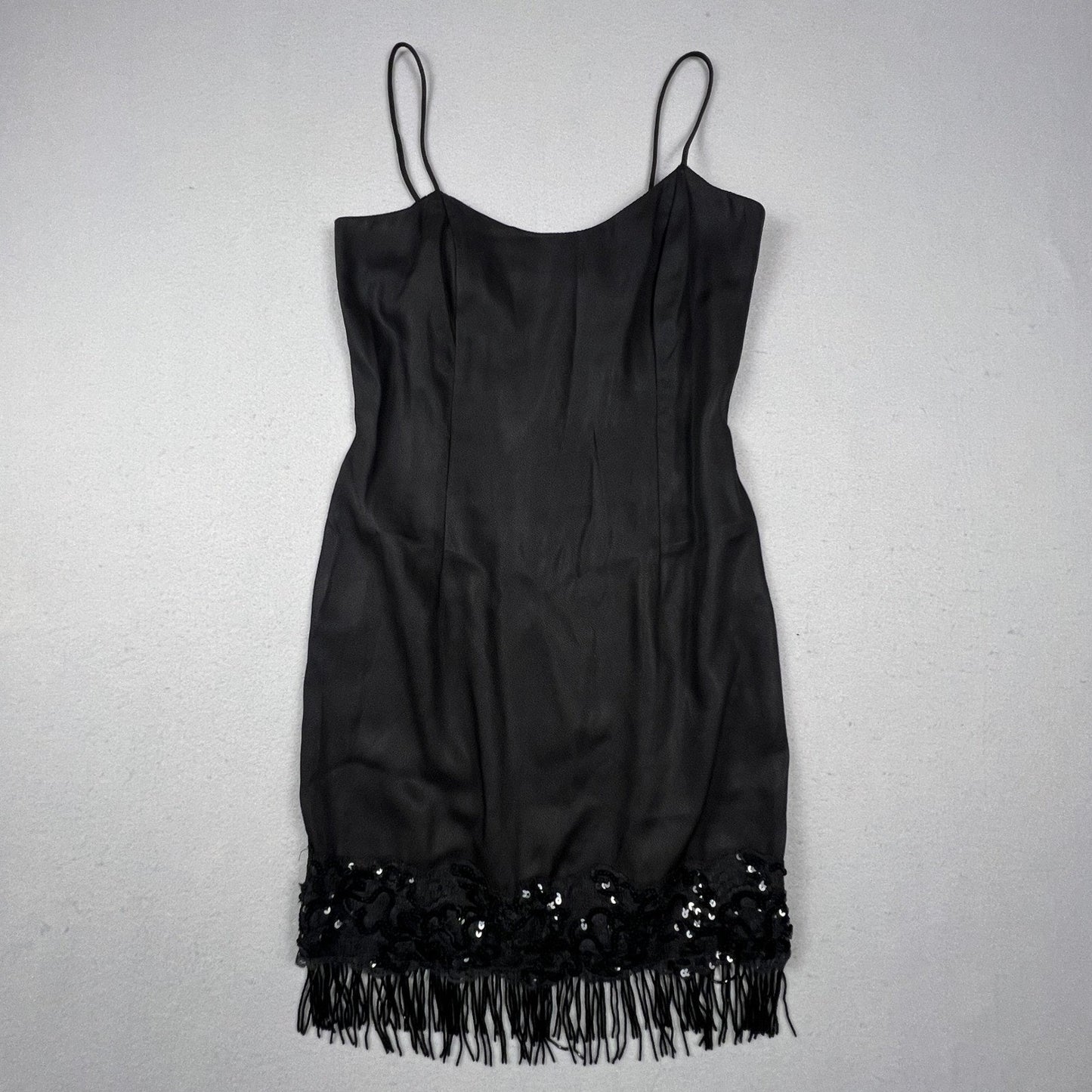 VTG 90s Roberta Mini Dress Small Black Sequin Fringe Lace Spaghetti Strap Party