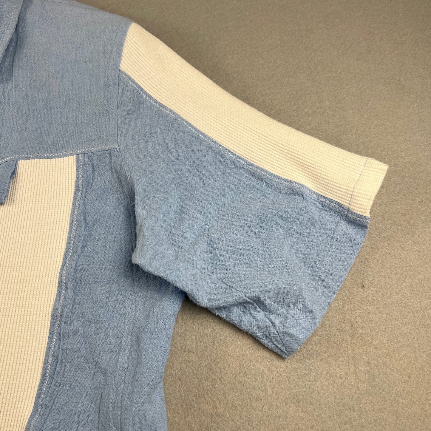 VTG Highlights Zip Up Shirt Womens Large Blue White Ribbed Panel Shoulder Pads