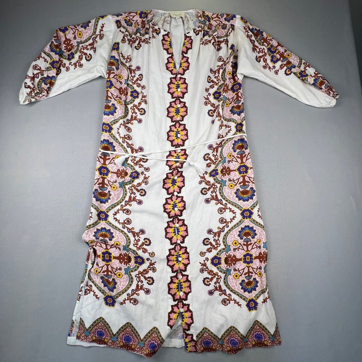 Cleobella Maxi Dress Womens Small White Floral Paisley Cotton Linen Boho Belted
