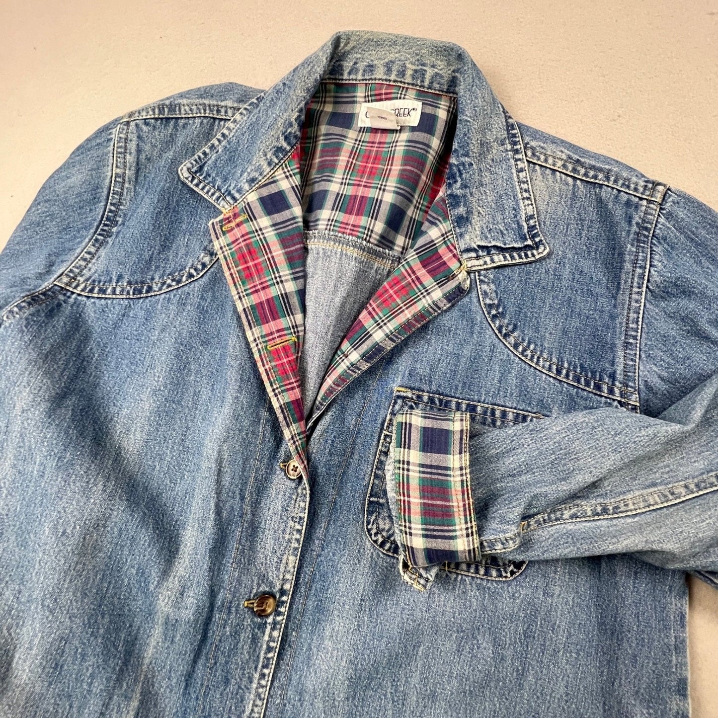 VTG Style Cabin Creek Denim Chore Jacket Womens XL Blue Plaid Lined Barn Coat