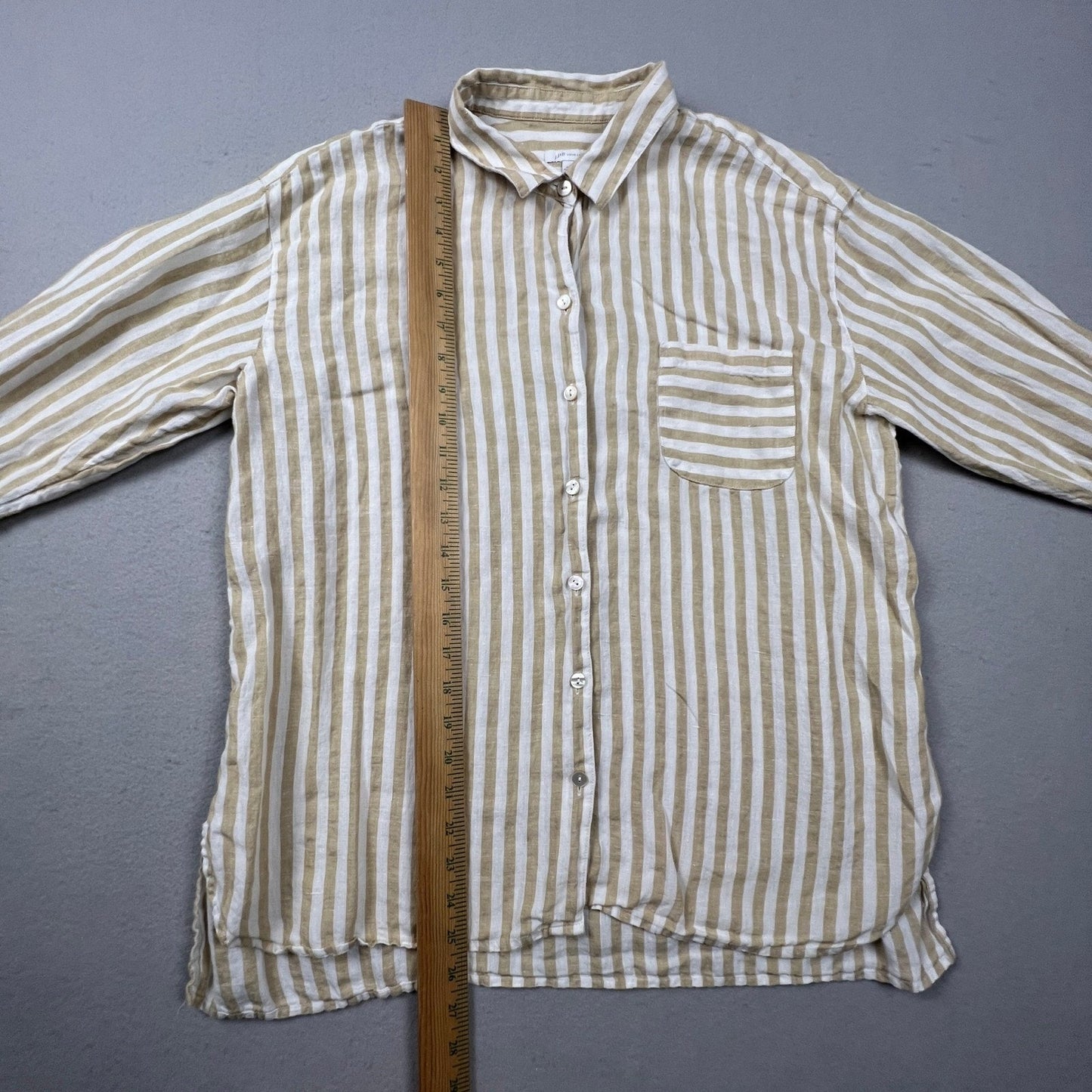 J. Jill Love Linen Button Down Shirt Womens Medium Tan Striped Coastal Classic