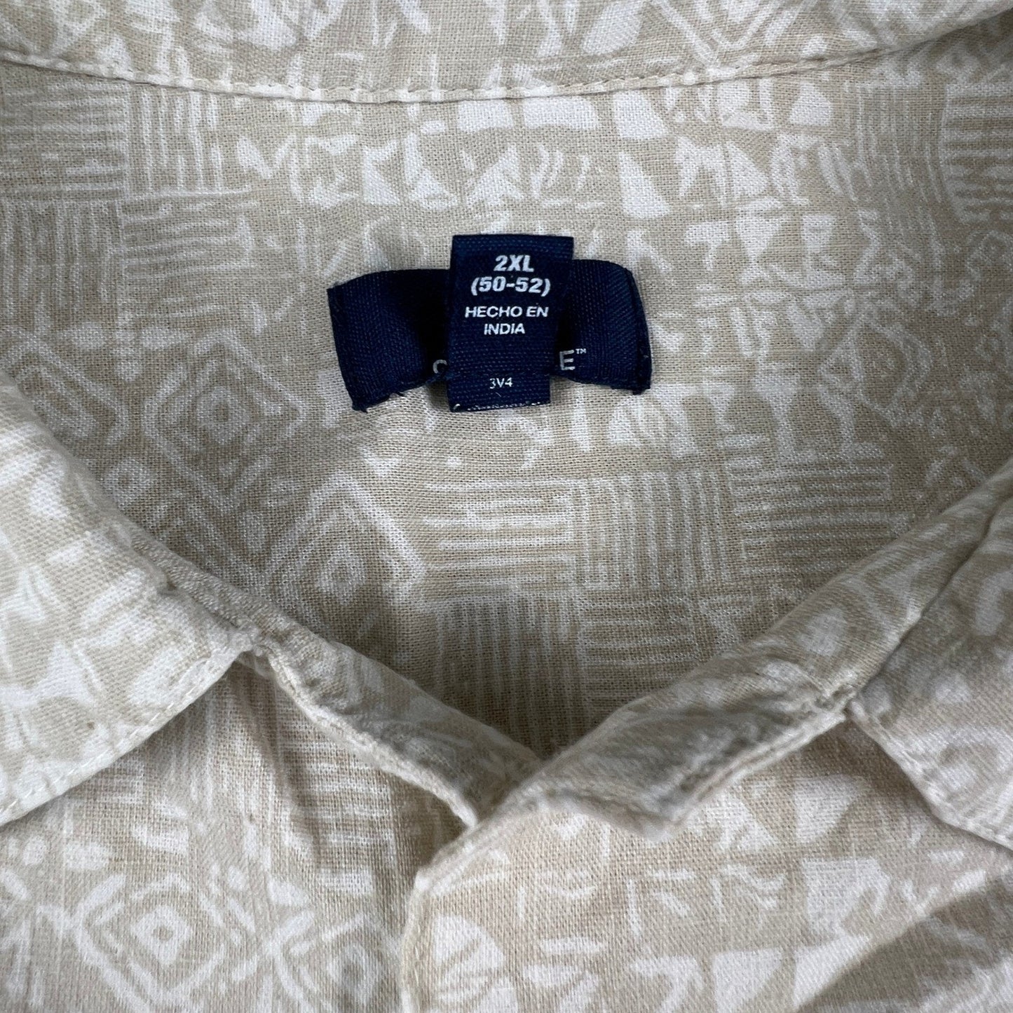 Hawaiian Button Up Shirt Mens 2XL Tan Geometric Tribal Print Casual Summer