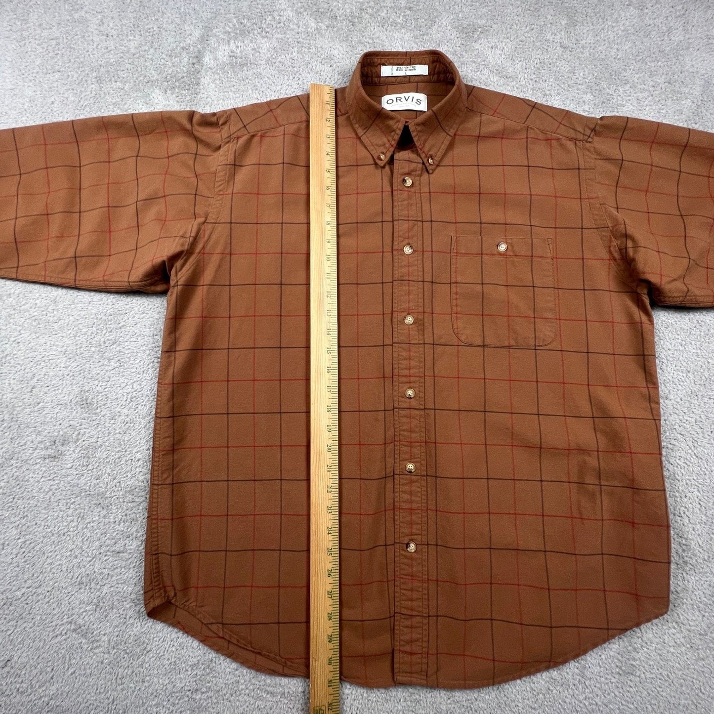 Orvis Button Down Shirt Mens L Brown Windowpane Plaid Cotton Outdoor Casual VTG