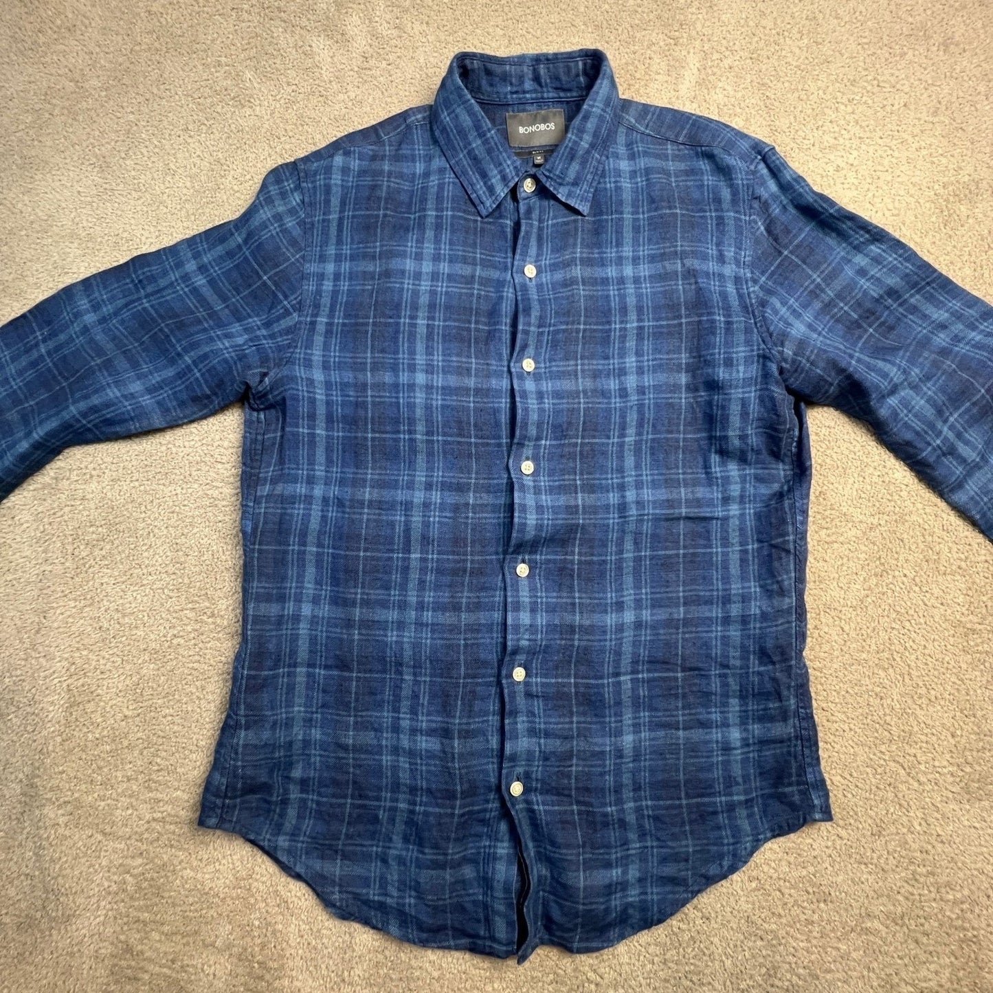 Bonobos Mens Slim Fit Shirt Medium 100% Linen Plaid Button Down Blue Classic