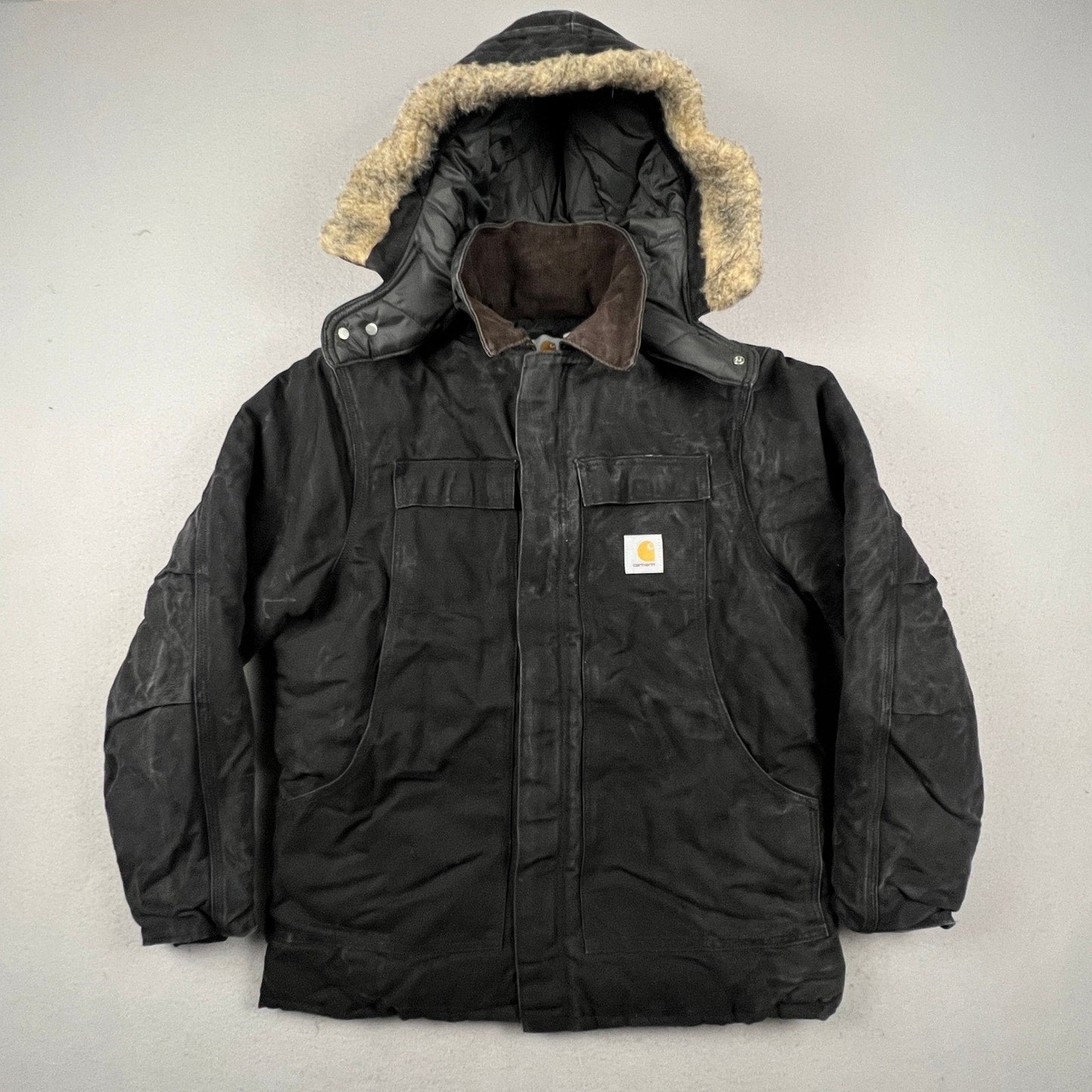 VTG Carhartt Black Arctic Quilt Lined Traditional Duck Canvas Coat Hood C26 BLK
