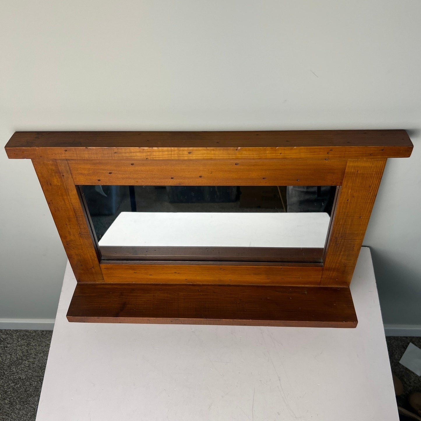 Wood Wall Mirror Entryway Shelf 20x14 Brown Rustic Farmhouse Decor Grandmacore