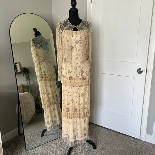 Vintage Style Beaded Dress Small Champagne Sequin Flapper Gown Bridal Wedding