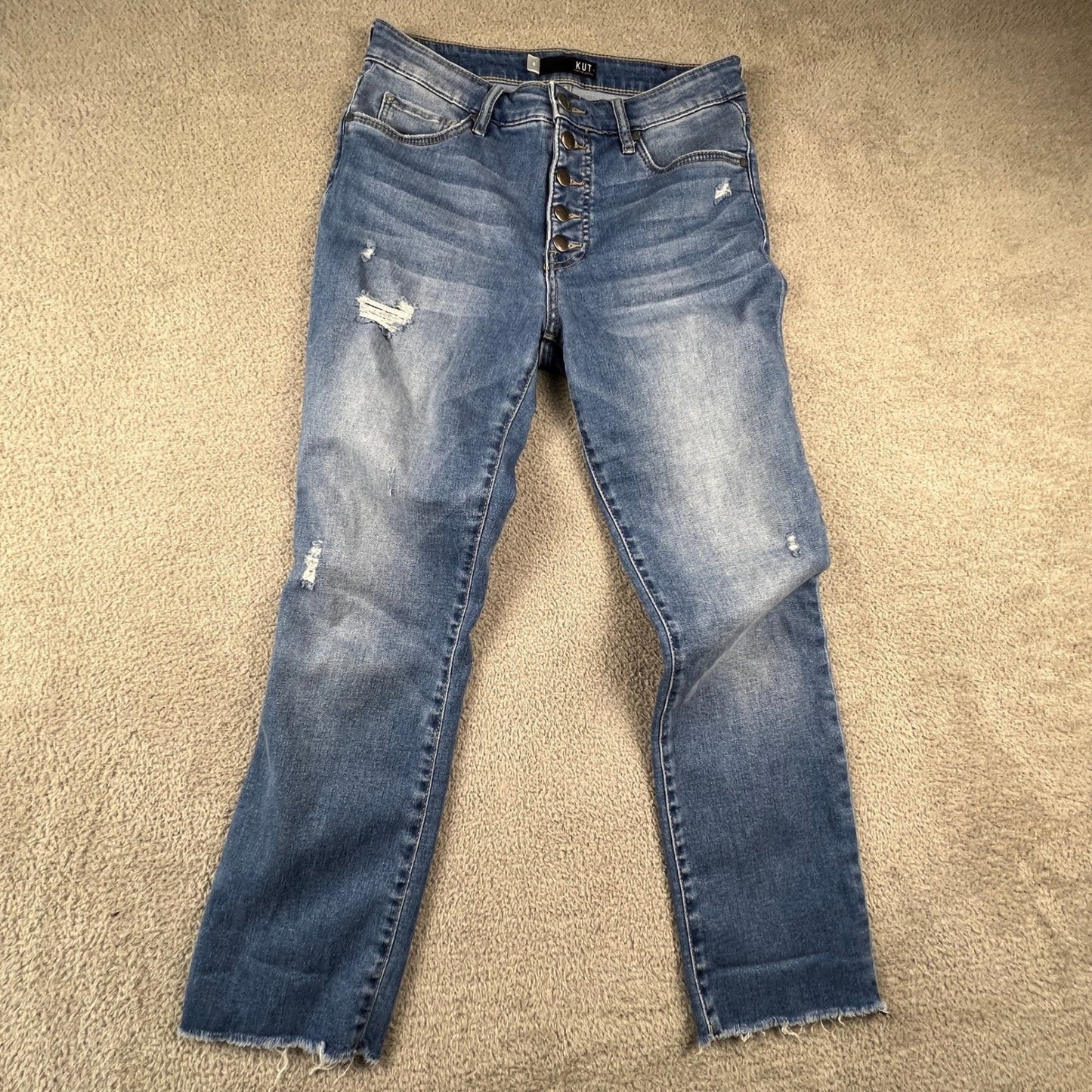 Kut from the Kloth Reese Straight Leg Jeans Womens 6 Blue Button Fly Distressed
