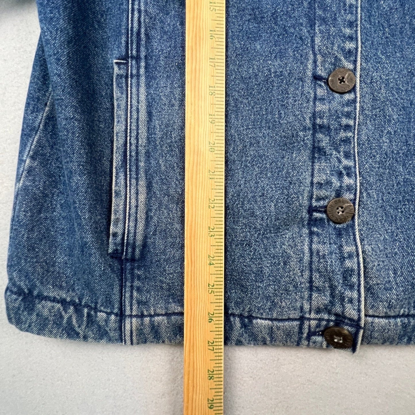 Woolrich Denim Barn Jacket Womens L Blue Leather Collar Fleece Lined Workwear