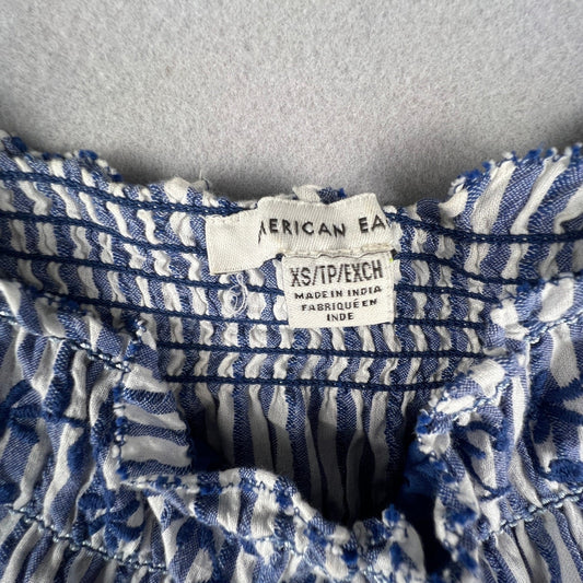 American Eagle Mini Dress Womens XS Blue Striped Smocked Embroidered Cottagecore