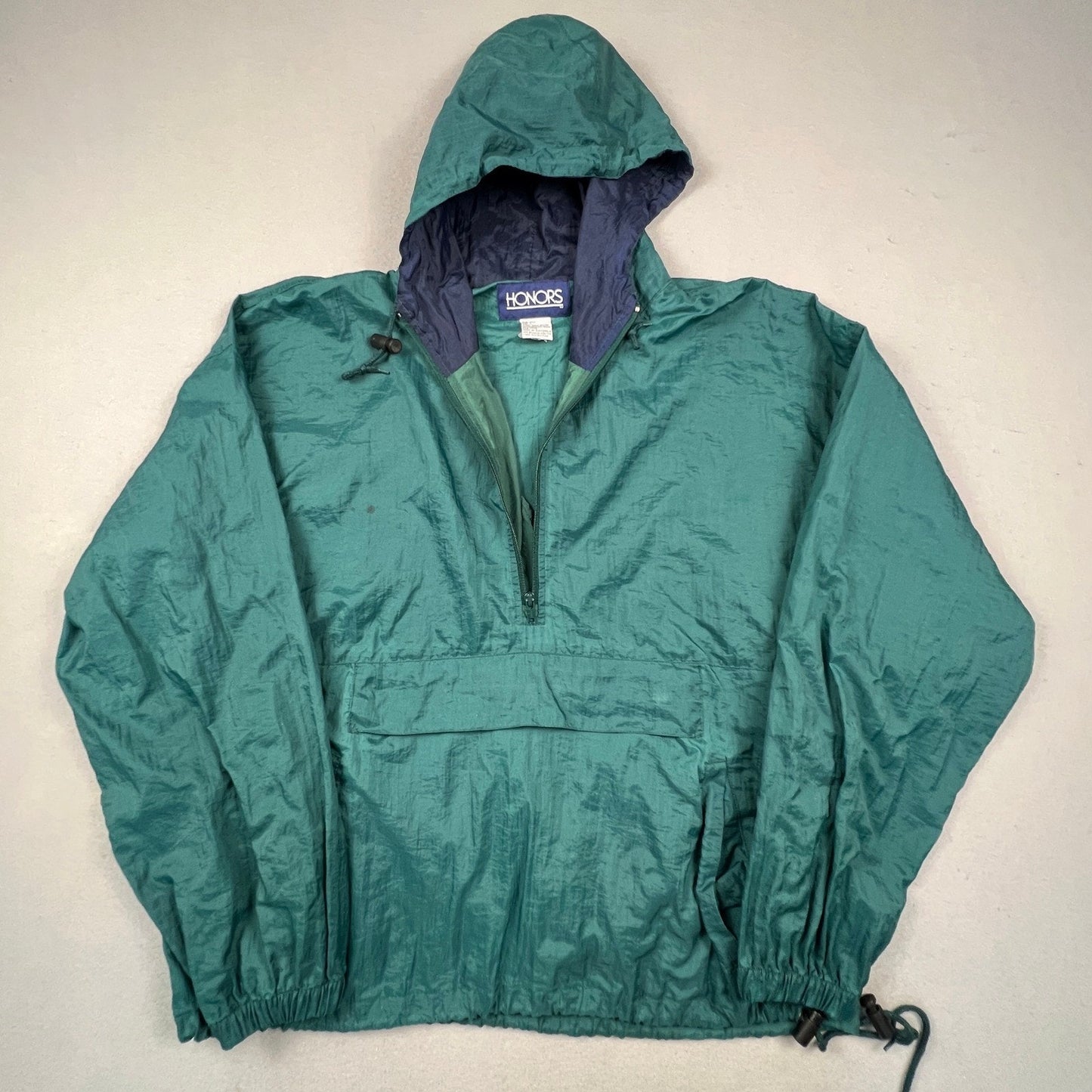 Honors Windbreaker Anorak Mens Large Green Vintage 1/4 Zip Hooded Pouch Pocket