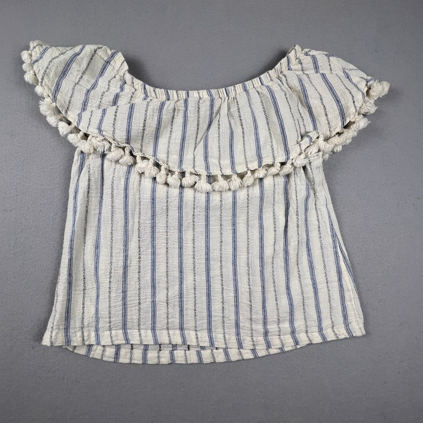 Artisan NY Off Shoulder Top Womens Small White Blue Striped Pom Pom Boho Blouse
