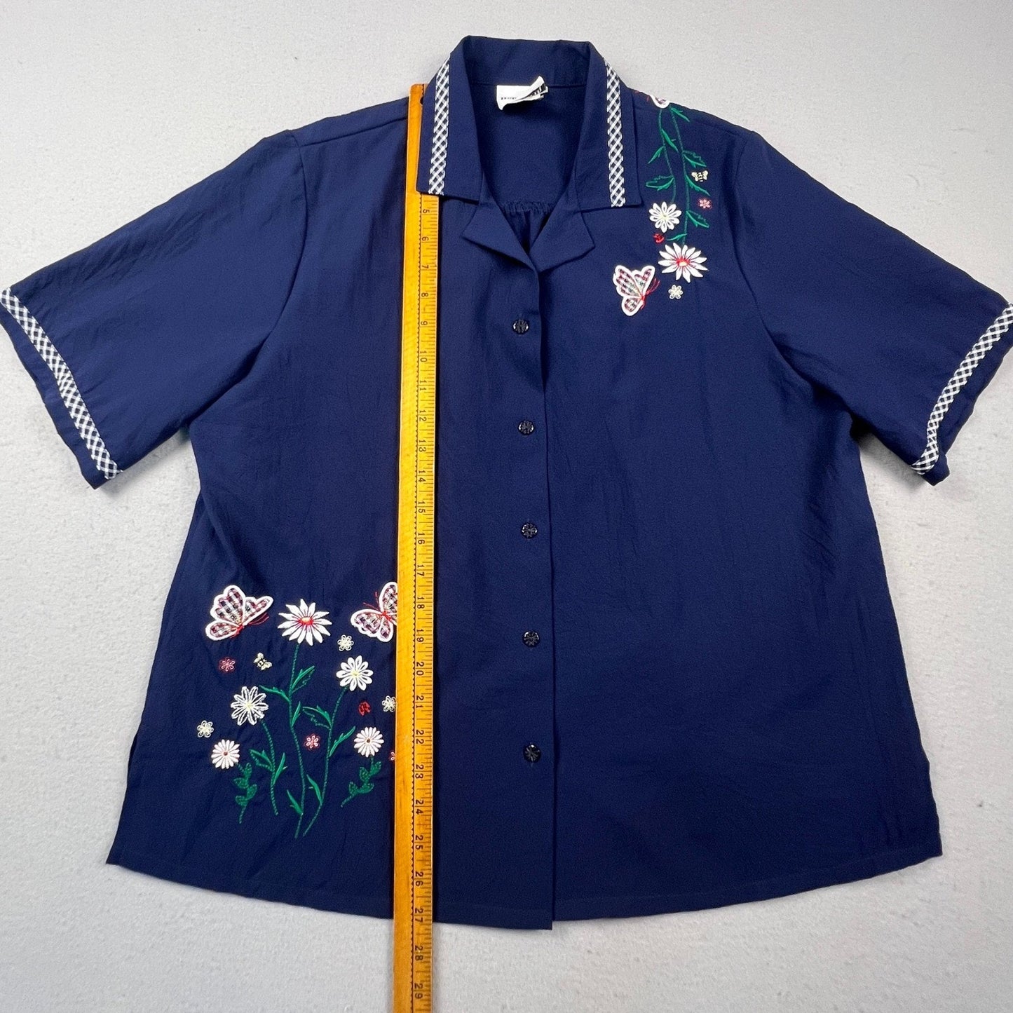 BonWorth Button Up Shirt Womens M Navy Blue Floral Butterfly Gingham Trim Granny