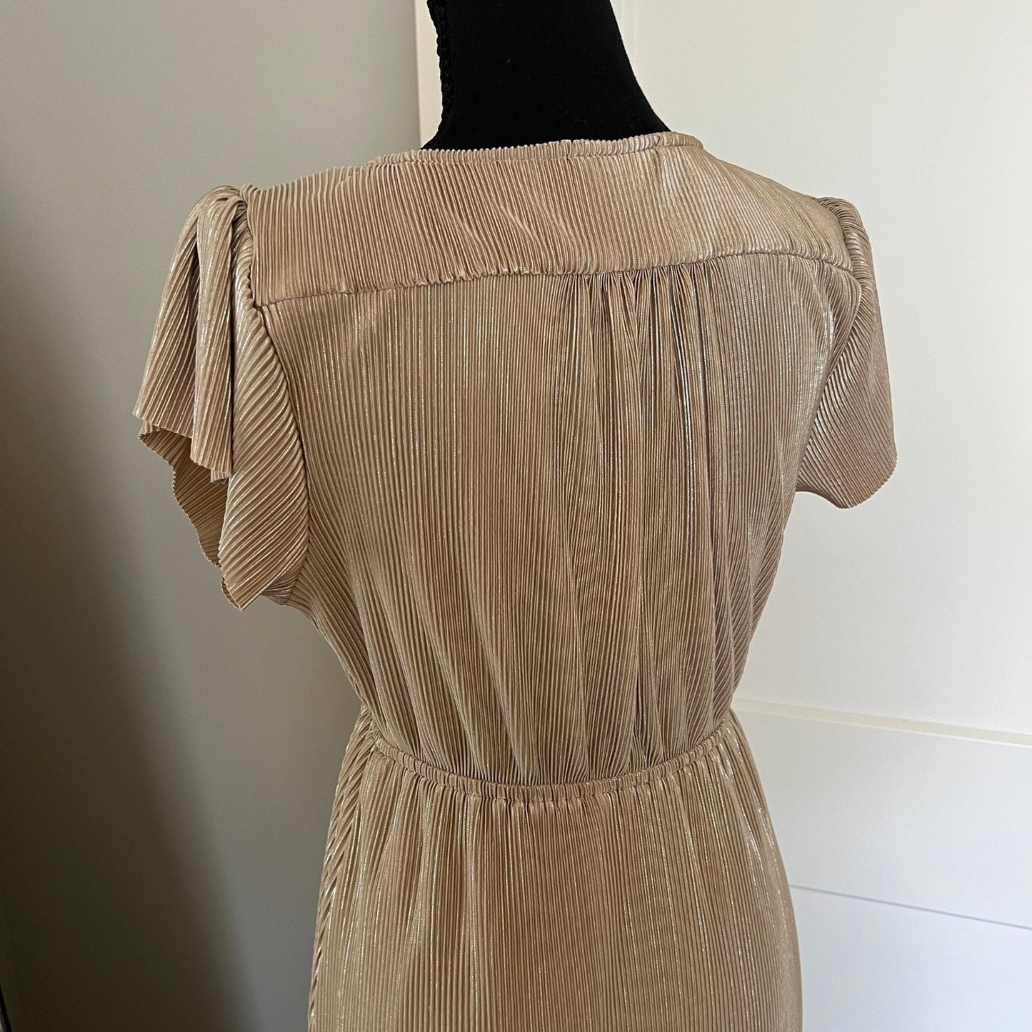 Baltic Born Maxi Dress Womens Small Gold Metallic Plissé Pleated Flutter Sleeve