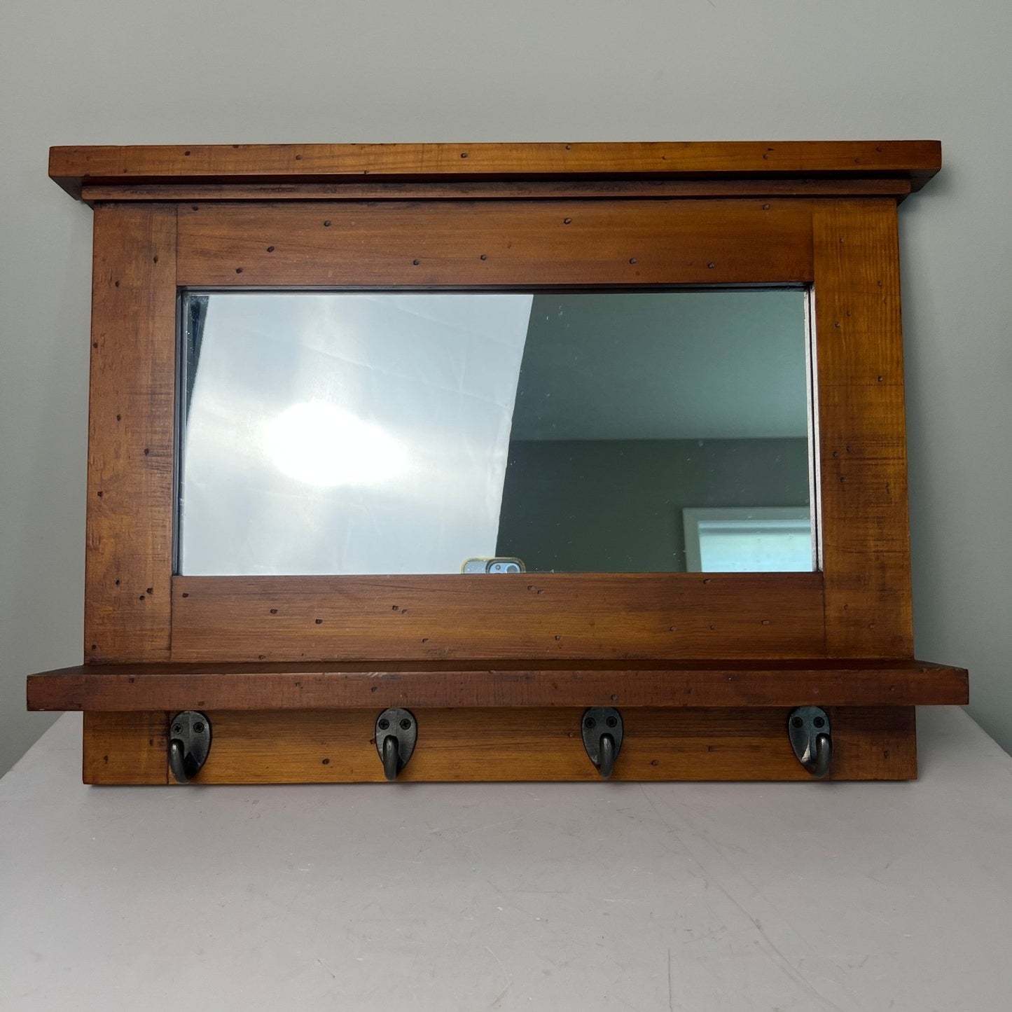 Wood Wall Mirror Entryway Shelf 20x14 Brown Rustic Farmhouse Decor Grandmacore