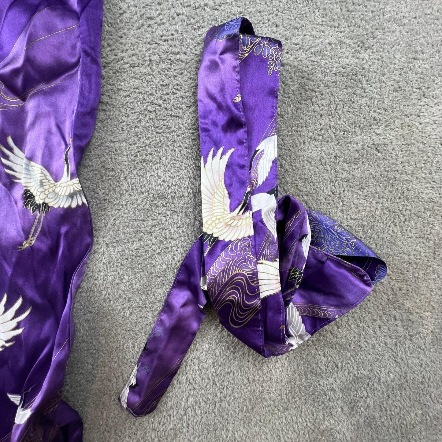 Japanese Silk Kimono Robe Purple Crane Floral Print Made in Japan OS Vintage