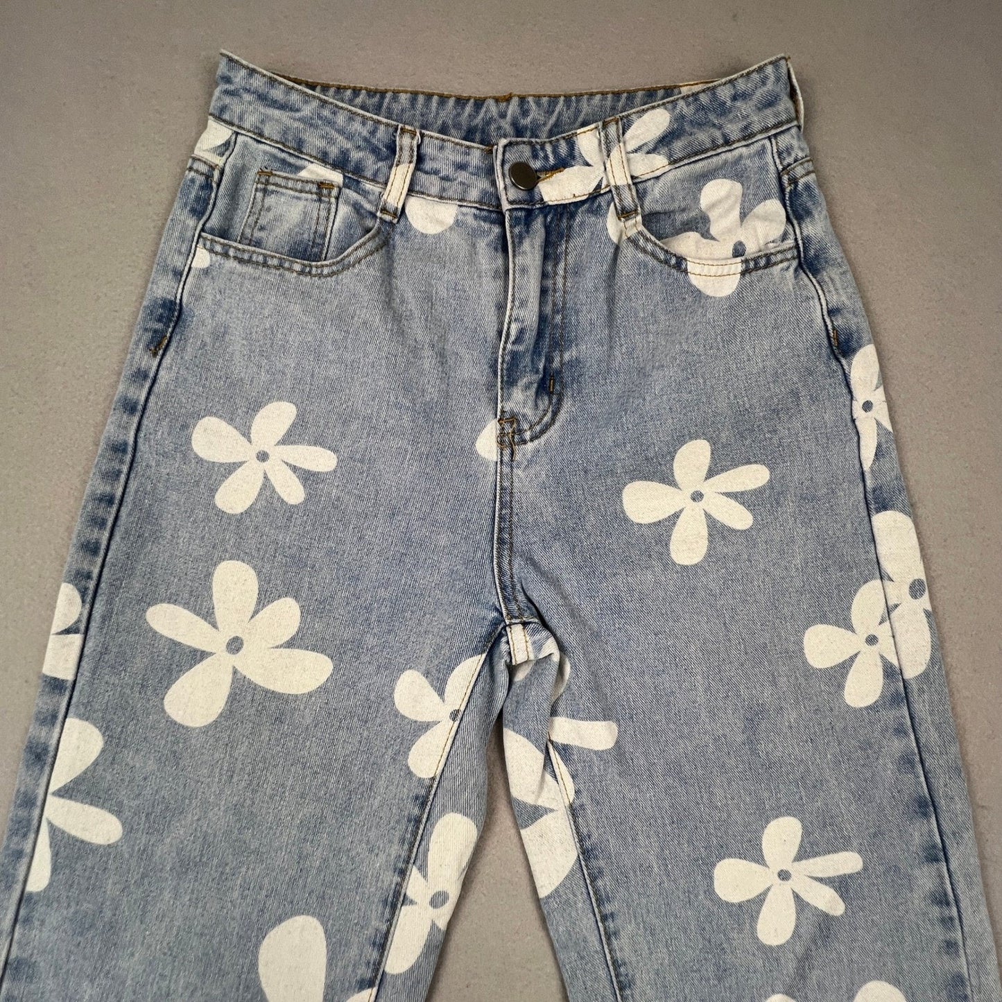 Straight Leg Retro Boho Daisy Print Jeans Womens 27 Light Blue Floral