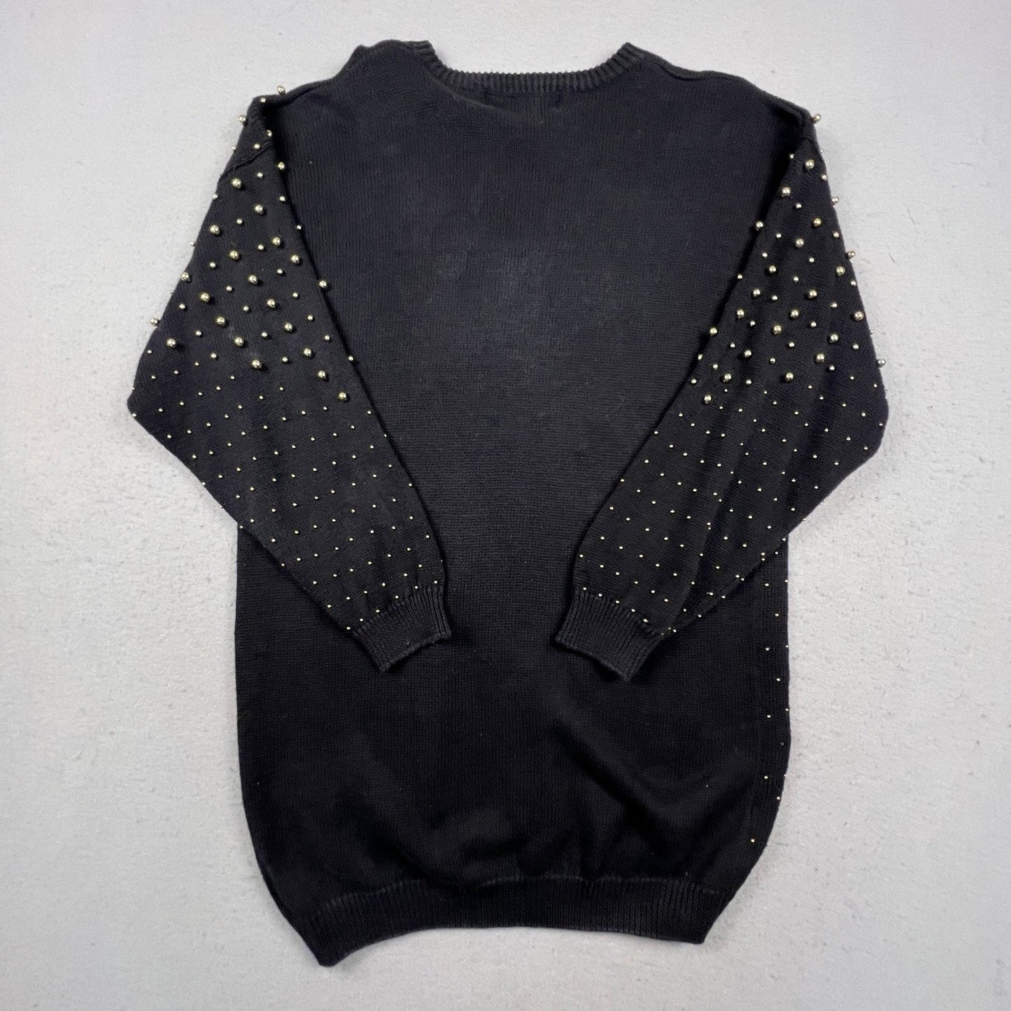 Victoria Harbour Sweater Womens L Black Gold Beaded Ramie Cotton Knit Crewneck